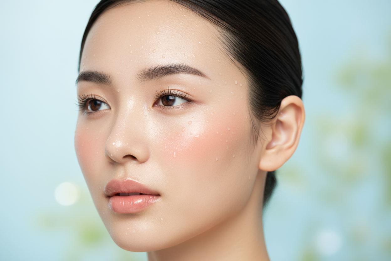 une photo gros plan d'un visage d'une jeune femme asiatique très legerement maquillée avec un effet humide sur la peau